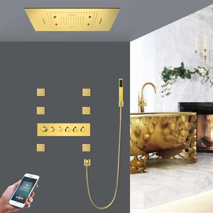 Fontana Massa Polished Gold LED Phone Controlled Thermostatic Recessed Ceiling Mount Rainfall Waterfall Mist Shower System with Hand Shower and Jetted Body Sprays