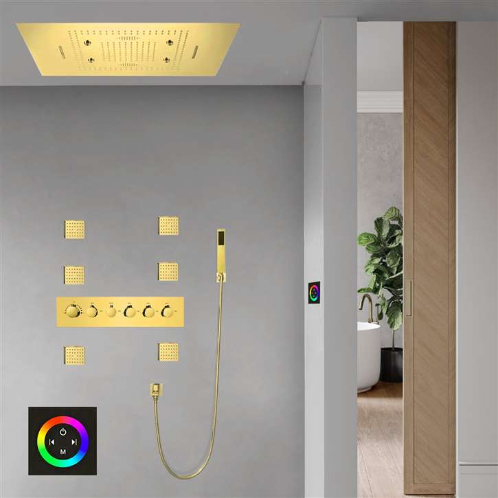 Afragola Polished Gold LED Touch Panel Controlled Thermostatic Recessed Ceiling Mount Waterfall Mist Rainfall Shower System with Hand Shower and Jetted Body Sprays