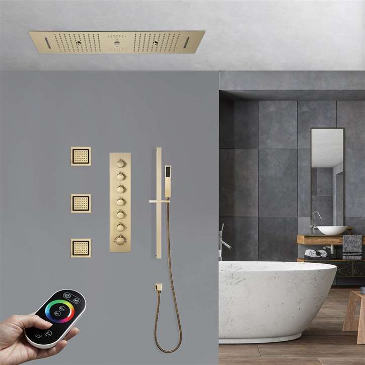 Varese Brushed Gold Remote Controlled Thermostatic LED Recessed Ceiling Mount Waterfall Rainfall Water Column Mist Shower System with Hand Shower and 3 Jetted Body Sprays