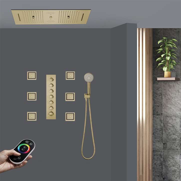 Udine Remote Controlled Thermostatic Brushed Gold LED Recessed Ceiling Mount Waterfall Rainfall Mist Shower System with Round Hand Shower and Jetted Body Sprays