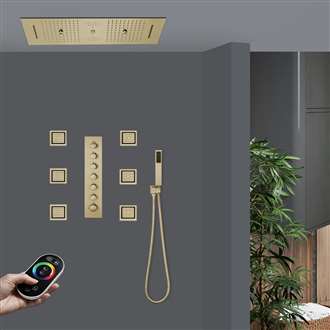 Perugia Remote Controlled Thermostatic LED Recessed Ceiling Mount Brushed Gold Rainfall Mist Waterfall Water Column Shower System with Square Hand Shower and Jetted Body Sprays