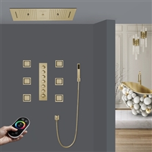 Parma Remote Controlled Brushed Gold Thermostatic LED Ceiling Mount Waterfall Rainfall Water Column Mist Shower System with Square Hand Shower and Jetted Body Sprays