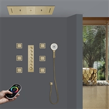 Pozzuoli Thermostatic LED Brushed Gold Remote Controlled Recessed Ceiling Mount Waterfall Rainfall Water Column Mist Shower System with 6 Jetted Body Sprays and Handheld Shower