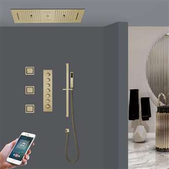 Fiumicino Brushed Gold Phone Controlled Thermostatic LED Recessed Ceiling Mount Waterfall Rainfall Water Column Mist Shower System with Hand Shower and 3 Jetted Body Sprays