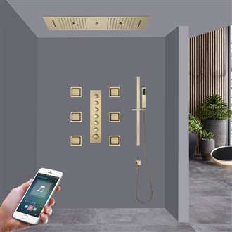 Casoria Phone Controlled Thermostatic Brushed Gold LED Recessed Ceiling Mount Rainfall Waterfall Water Column Mist Shower System with Square Hand Shower and 6 Jetted Body Sprays