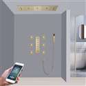 Padua Phone Controlled Brushed Gold Thermostatic LED Recessed Ceiling Mount Waterfall Rainfall Water Column Mist Shower System with Square Hand Shower and Jetted Body Sprays