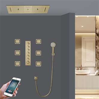 Trapani LED Phone Controlled Thermostatic Recessed Ceiling Brushed Gold Mount Waterfall Rainfall Water Column Mist Shower System with Round Hand Shower and 6 Jetted Body Sprays