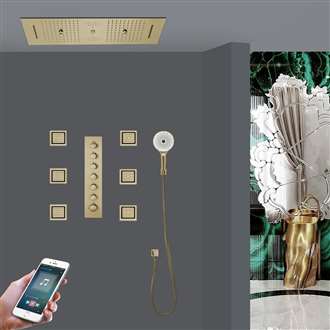 Catania Thermostatic LED Phone Controlled Recessed Ceiling Brushed Gold Mount Waterfall Rainfall Water Column Mist Shower System with 6 Jetted Body Sprays and Hand Shower