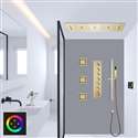 Latina Brushed Gold Touch Panel Controlled Thermostatic LED Recessed Ceiling Mount Waterfall Rainfall Water Column Mist Shower System with Hand Shower and 3 Jetted Body Sprays