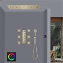 Ravenna Touch Panel Controlled Thermostatic Brushed Gold LED Recessed Ceiling Mount Waterfall Rainfall Mist Shower System with Round Hand Shower and Jetted Body Sprays