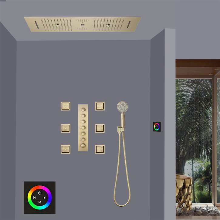 Ravenna Touch Panel Controlled Thermostatic Brushed Gold LED Recessed Ceiling Mount Waterfall Rainfall Mist Shower System with Round Hand Shower and Jetted Body Sprays