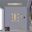 Brescia Touch Panel Controlled Thermostatic LED Recessed Ceiling Mount Brushed Gold Rainfall Waterfall Water Column Mist Shower System with Square Hand Shower and Jetted Body Sprays