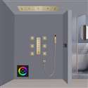 Sassari Brushed Gold Touch Panel Controlled Thermostatic LED Recessed Ceiling Mount Waterfall Rainfall Water Column Mist Shower System with Hand Shower and Jetted Body Sprays