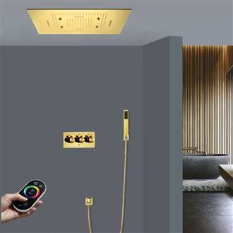 Terni Remote Controlled Thermostatic LED Recessed Ceiling Mount Polished Gold Rainfall Waterfall Mist Hot and Cold Shower System with Square Hand Shower