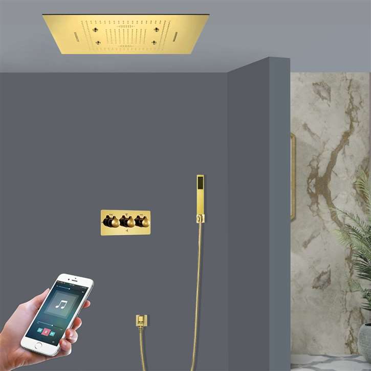 Cerignola LED Phone Controlled Thermostatic Recessed Ceiling Mount Polished Gold Rainfall Waterfall Mist Hot and Cold Shower System with Square Hand Shower