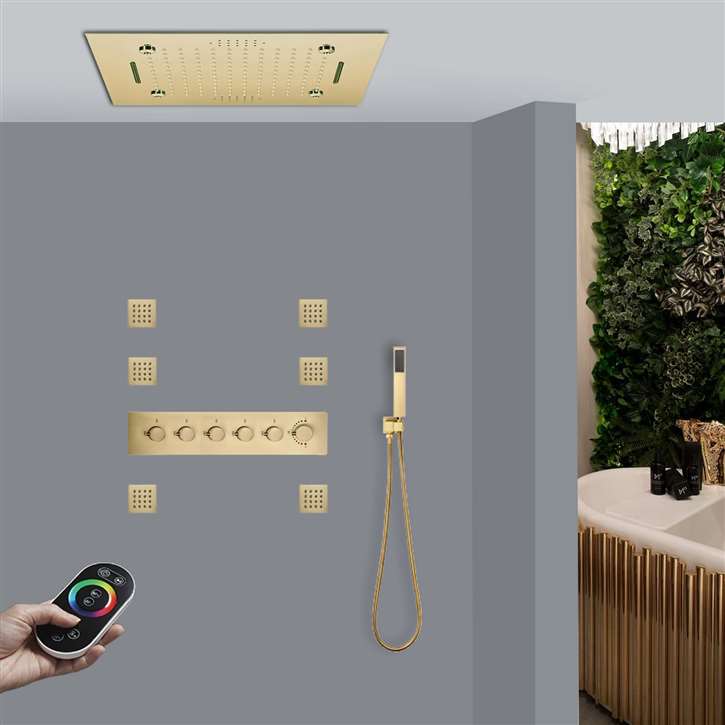Tivoli LED Musical 20" Remote Controlled Thermostatic Recessed Ceiling Mount Brushed Gold Rainfall Mist Waterfall Shower System with Hand Shower and Body Jets