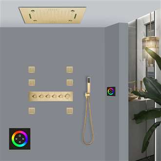 LED Musical 20" Touch Panel Controlled Thermostatic Recessed Ceiling Mount Brushed Gold Rainfall Mist Waterfall Shower System with Hand Shower and 6 Body Jets