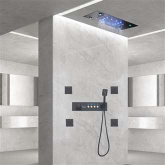 Cagliari Thermostatic LED Matte Black Recessed Ceiling MountWaterfall Rainfall Shower System with Body Jets and Hand Shower