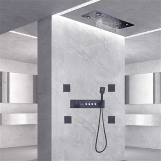 Cagliari Thermostatic Matte Black Recessed Ceiling MountWaterfall Rainfall Shower System with Body Jets and Hand Shower