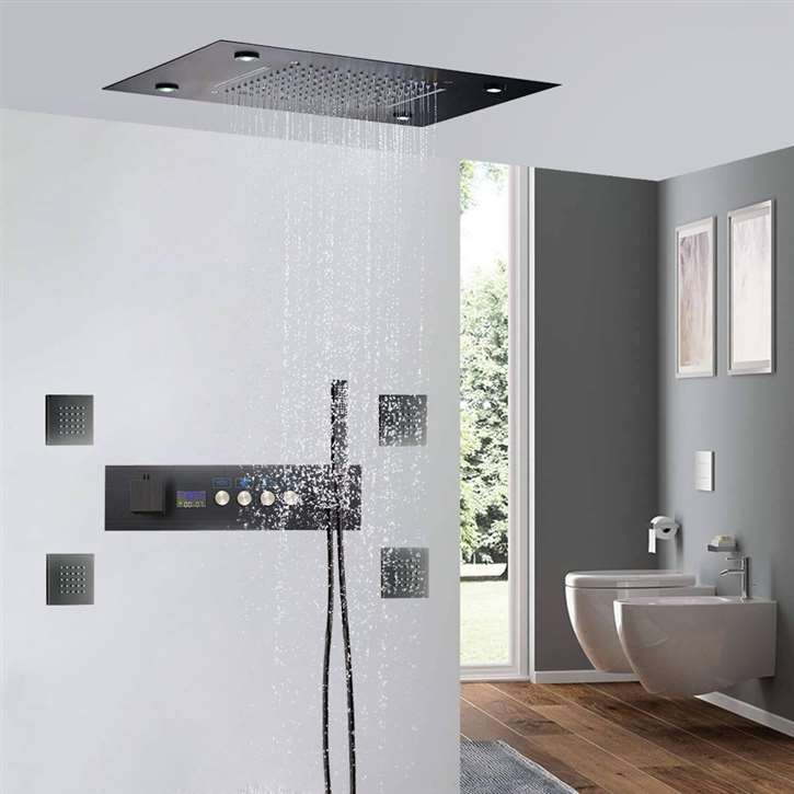 Trieste Oil Rubbed Bronze Thermostatic Recessed Ceiling Mount Waterfall Rainfall Shower System with Jetted Body Spray and Hand Shower