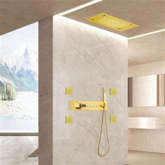 Bergamo Brushed Gold Recessed Ceiling Mount LED Thermostatic Waterfall Rainfall Shower System with Body Jets and Hand Shower