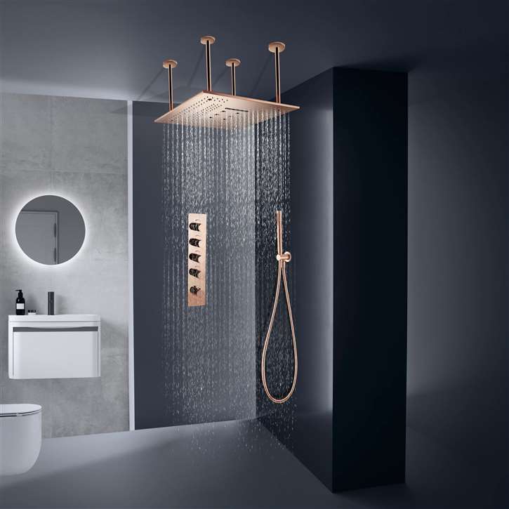 Fontana Rose Gold 24 Inch Shower Head  Ceiling Mount With Shower Arm 4 Dial Thermostatic Control Mixing Valve & Handheld Shower Set