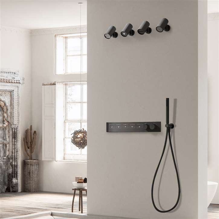 Fontana Milan 5 Functions Modern Design Ceiling Thermostatic Matte Black Shower Faucet Set Rain Bath Shower Faucet