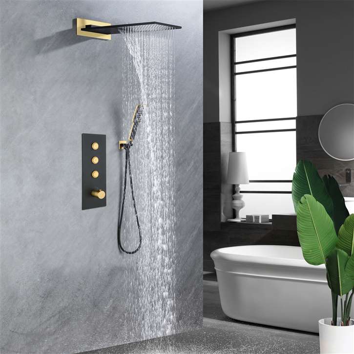 Fontana Ravenna Thermostatic Black/Gold 3 Functions Wall Mount Rainfall Waterfall Shower System with Handheld Shower