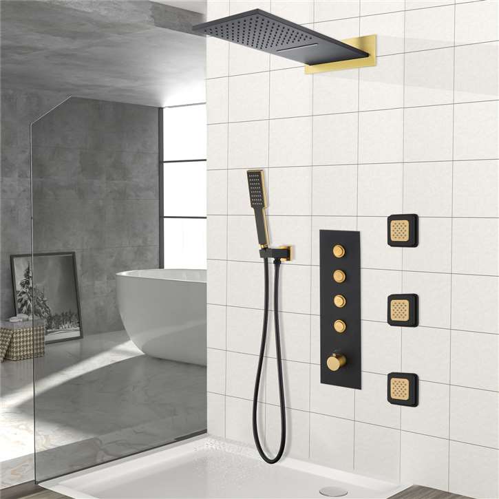 Fontana Naples Thermostatic Matte Black/Gold 4 Functions Wall Mount Rainfall Waterfall Shower System with Handheld Shower and Body Jets