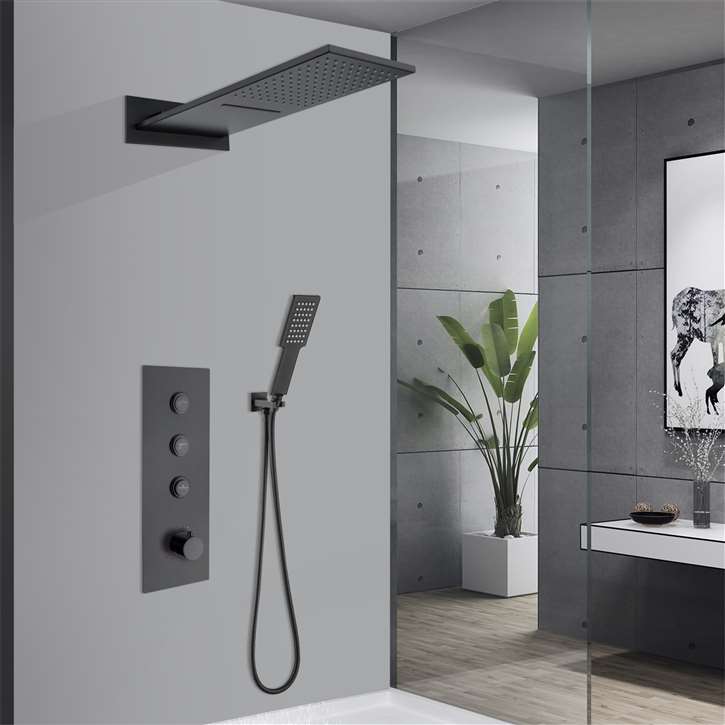 Fontana Perugia Matte Black Wall Mount 3 Functions Rainfall Waterfall Shower System with Handheld Shower