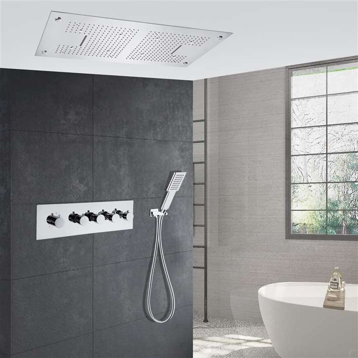 Fontana Siena 3 Modes LED Chrome Thermostatic Recessed Ceiling Mount Rainfall Waterfall Mist Shower System with Hand Shower