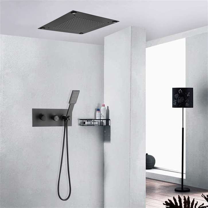 Fontana Lecce 16*16in Luxury LED Matte Black Thermostatic Recessed Ceiling Mount Rainfall Shower System with Hand Shower