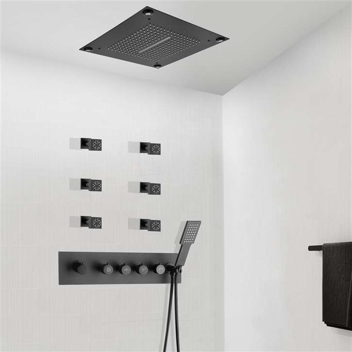 Fontana Messina 4-Way Matte Black Thermostatic LED 16*16in Shower System with Hand Shower and 6 Jetted Body Sprays