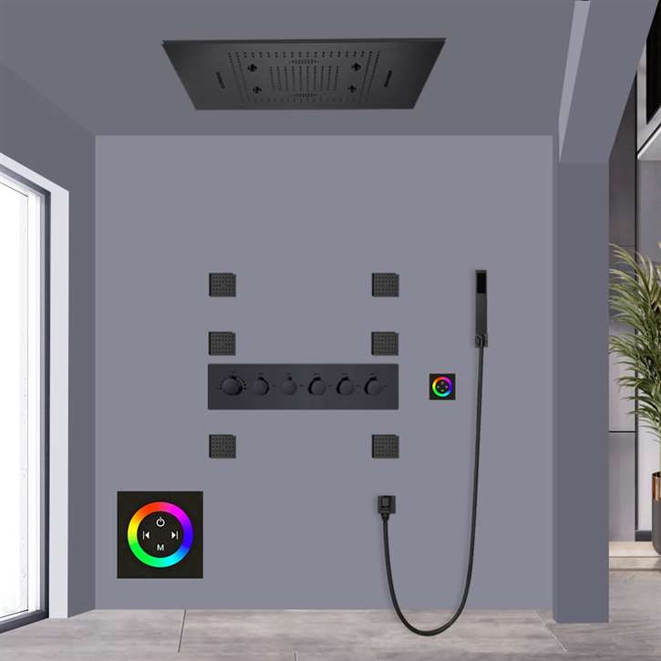 Fontana Marseille Recessed Matte Black Touch Panel Controlled Thermostatic Rainfall Waterfall Shower Head Set with Massage Body Jets and Hand Sprayer