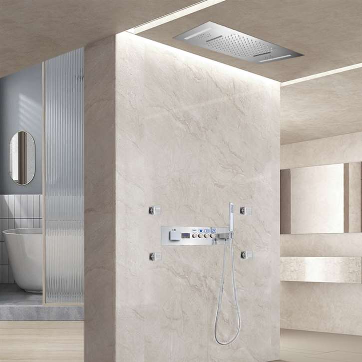 Fontana Ravenna LED Chrome Thermostatic Recessed Ceiling Mount Rainfall Shower System with 4 Jetted Body Sprays and Hand Shower