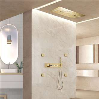 Fontana Piacenza Brushed Gold Thermostatic Recessed Ceiling Mount LED Waterfall Rainfall Shower System with Jetted Body Sprays and Hand Shower