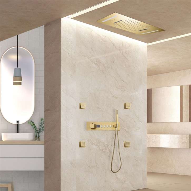 Fontana Piacenza Brushed Gold Thermostatic Recessed Ceiling Mount LED Waterfall Rainfall Shower System with Jetted Body Sprays and Hand Shower