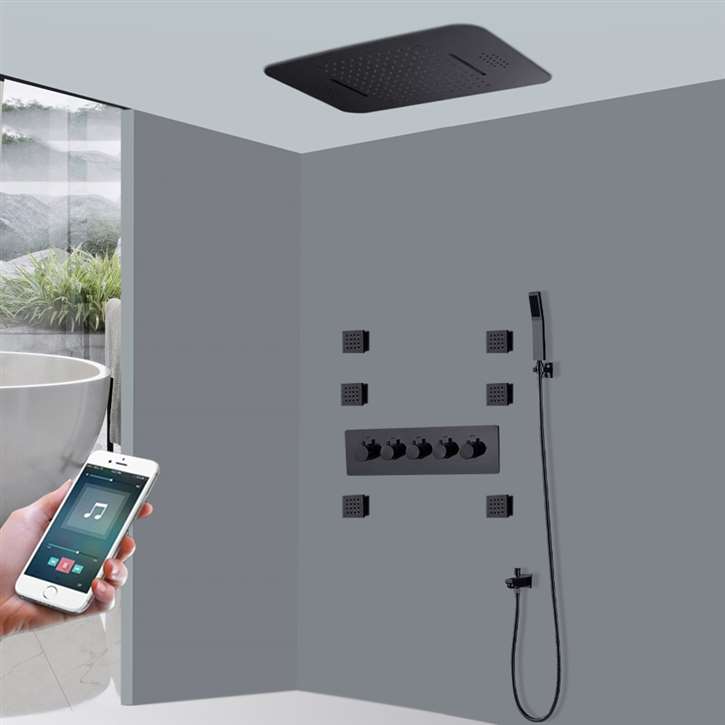 Phone Controlled Fontana Valence Ceiling Mount Matte Black Thermostatic Music Smart LED Rain Shower Panel System with Massage Jets and Hand Sprayer
