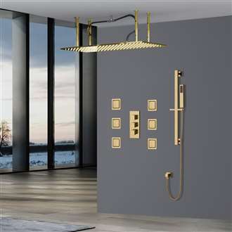 Martinique  Large Brushed Gold Solid Brass LED Rain Shower Head with Body Jets & Handheld Shower