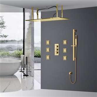 Martinique  Large Gold Solid Brass LED Rain Shower Head with Body Jets & Handheld Shower