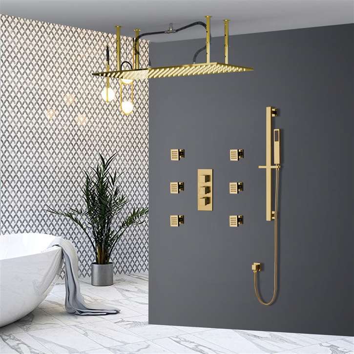 Saint Denis Large Gold LED Rain Shower Head with Body Jets & Handheld Shower