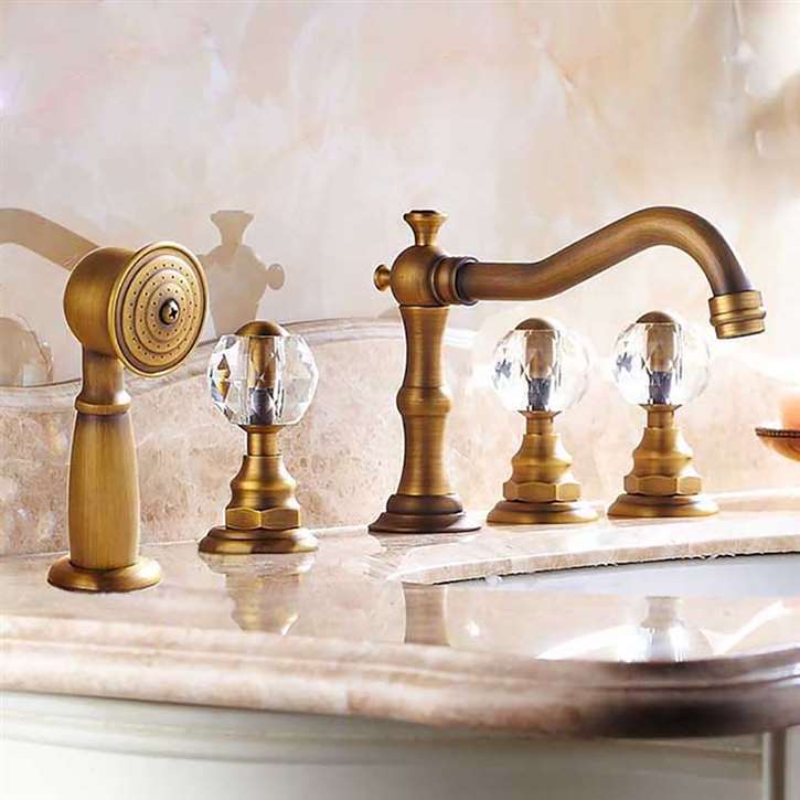 Abruzzo Crystal Triple Handles Brass Deck Mounted Gold Bathroom Faucet