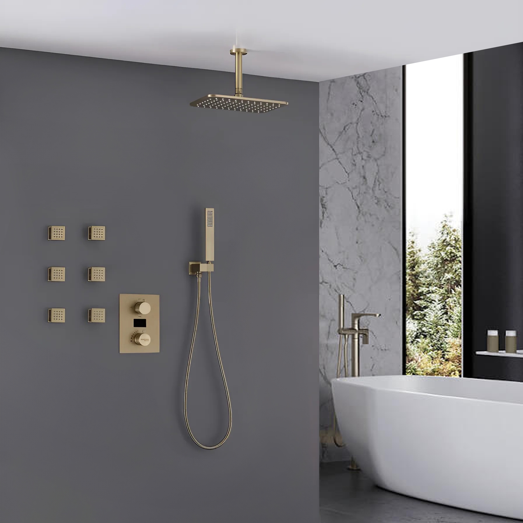 Fontana Brushed Gold Thermostatic Shower Mixer Set Featuring 6 Body Jets And A Handheld Spray