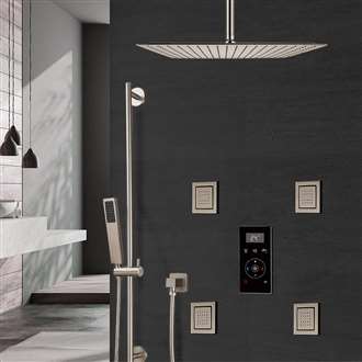 brushed nickel rainfall shower set with digital control ceiling mounted