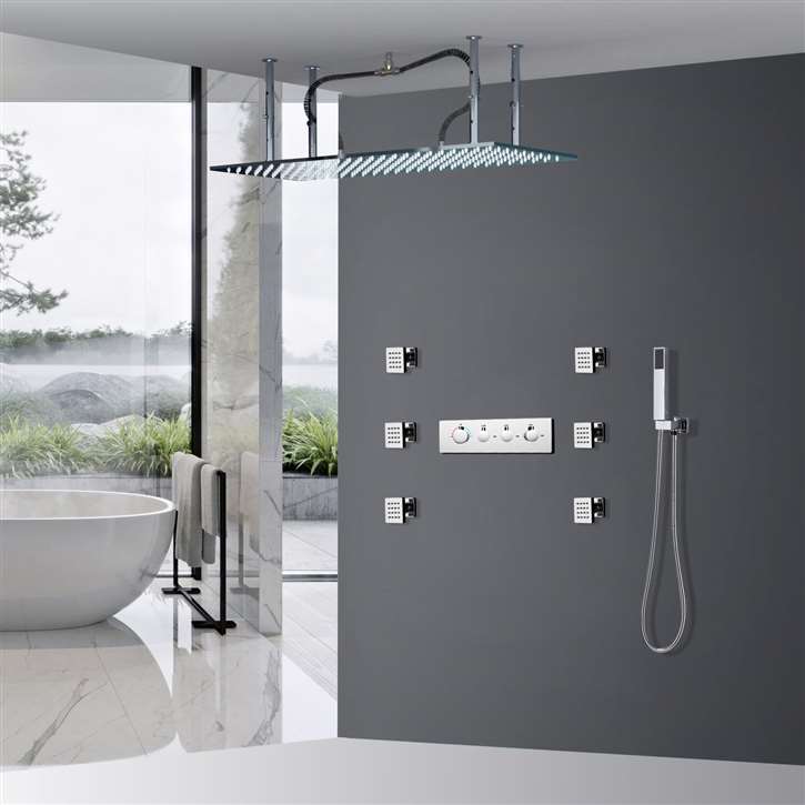 Fontana Creteil 4 Handles Thermostatic LED Large Ceiling Mount High Flow Bathroom Shower System with 6 Body Jets and Handheld Spray