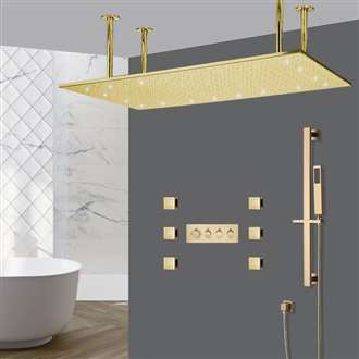 Fontana Brushed Gold 4 Handles Thermostatic LED Large Ceiling Mount High Flow Bathroom Shower System with 6 Body Jets and Handheld Spray