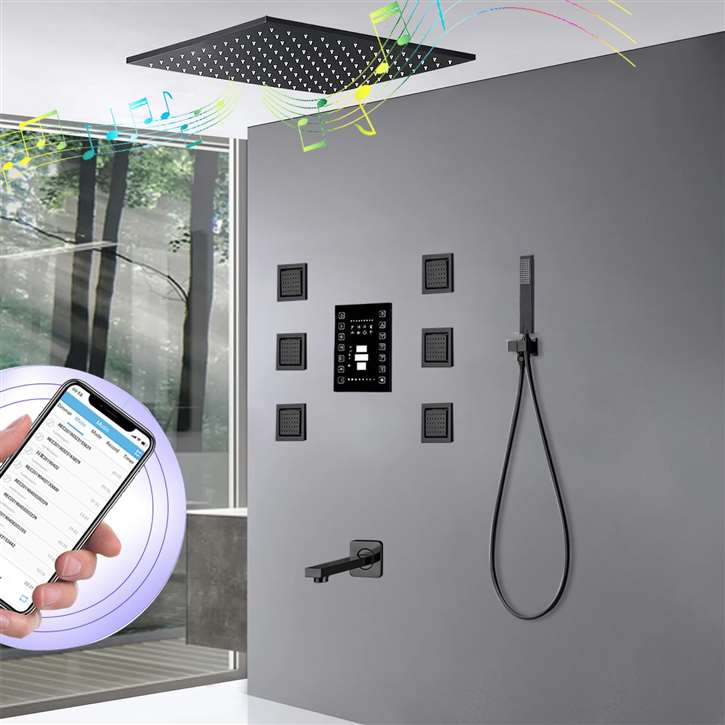 Fontana Color Changing Thermostatic Large Ceiling Mount LED Musical Shower Set with Handheld Shower, 6 Jetted Body Sprays and Tub Spout