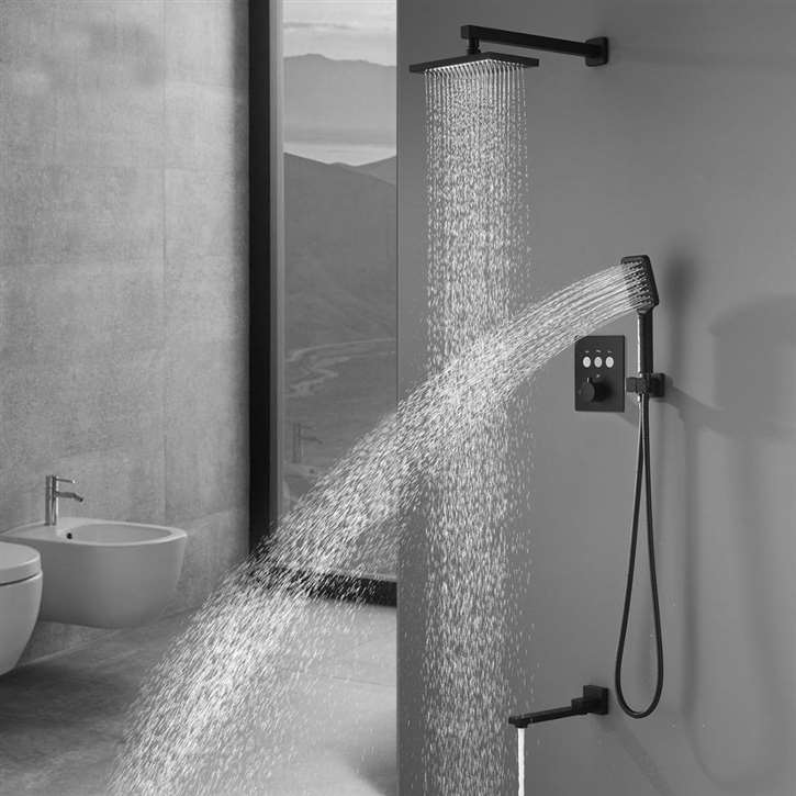 Fontana Creteil Matte Black Wall Mount Thermostatic 6x10-inch Push Button Type Shower Set With Hand Shower and Spout