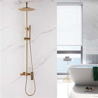 Fontana Brushed Gold Wall Mounted Exposed Install Shower System With 9.84 Inch Round Shower Head System, Handheld Shower And Tub Spout Set Triple Function Shower Combo Set