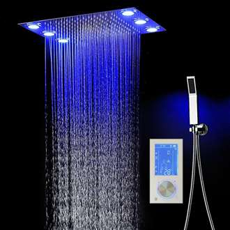 MULTNOMAH| 36 in Dual Showerhead Complete LED Music Shower Set 6 Body Jets 2x Wall Mounted Rainfall Showerhead Brushed Gold